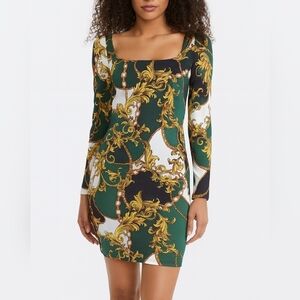 ✨️4/$20 IRIS Long Sleeve Square Neck Bodycon Mini Dress in Green, Gold Filagree